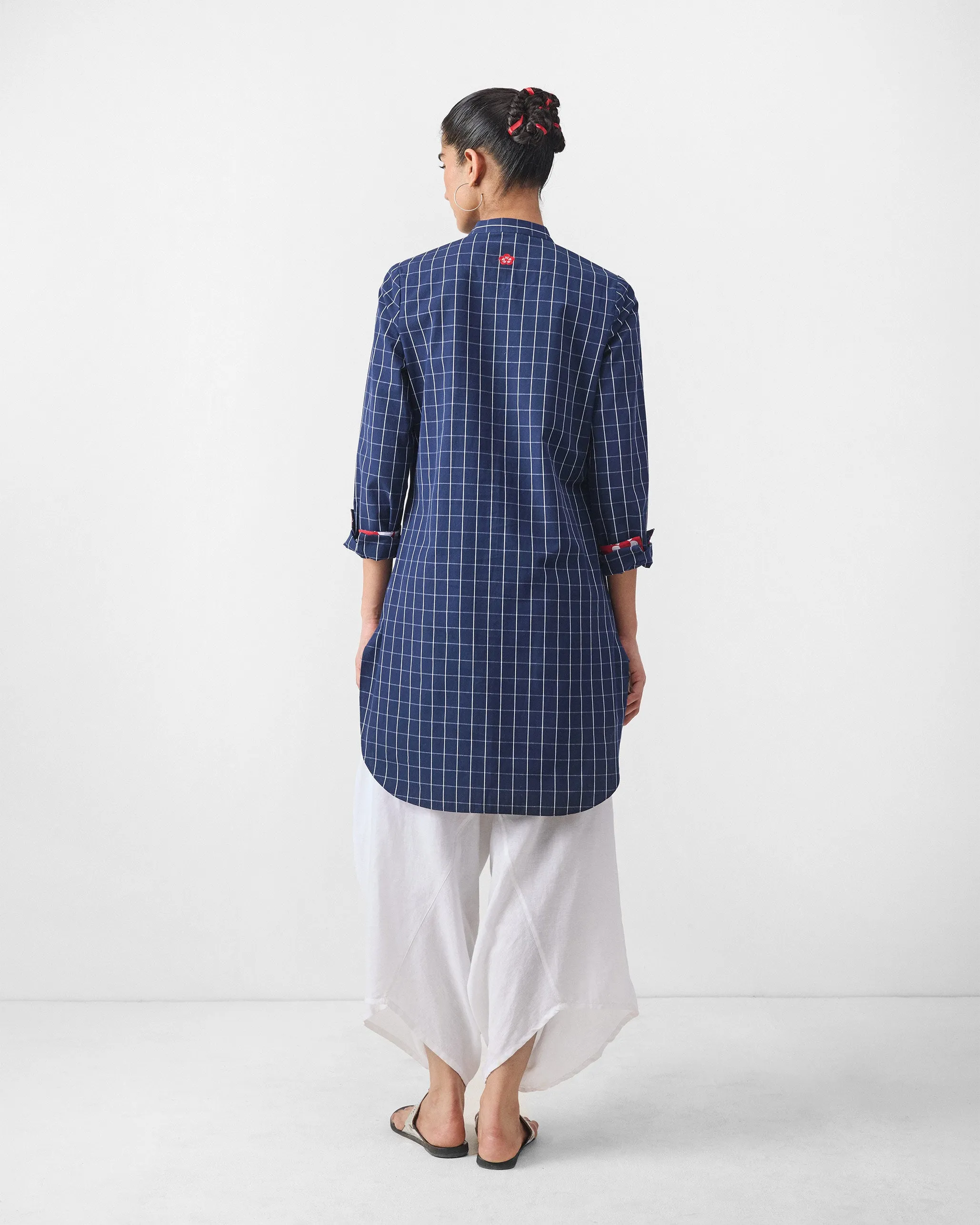 Basic Mid Length Kurta - Navy & White Checks