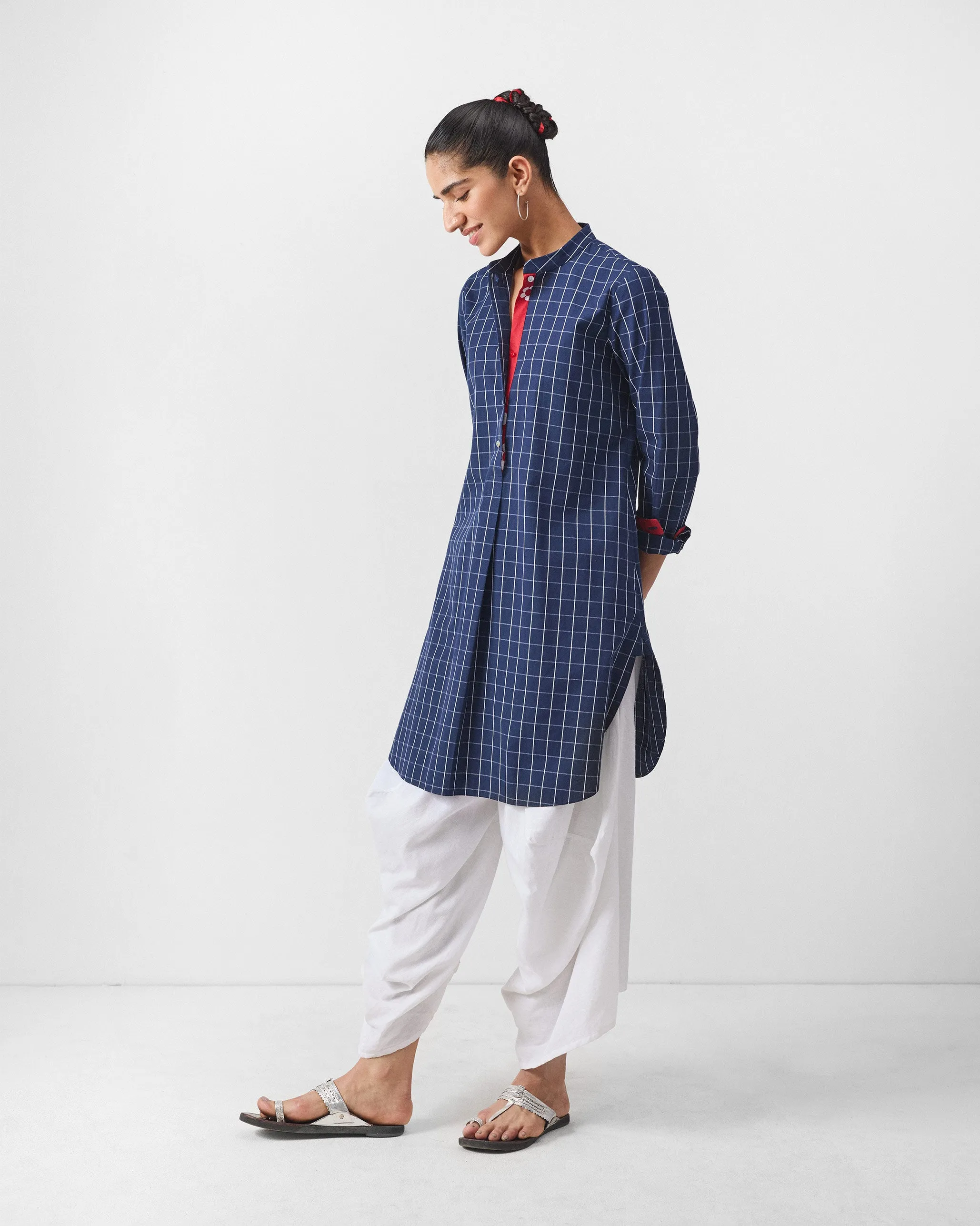 Basic Mid Length Kurta - Navy & White Checks