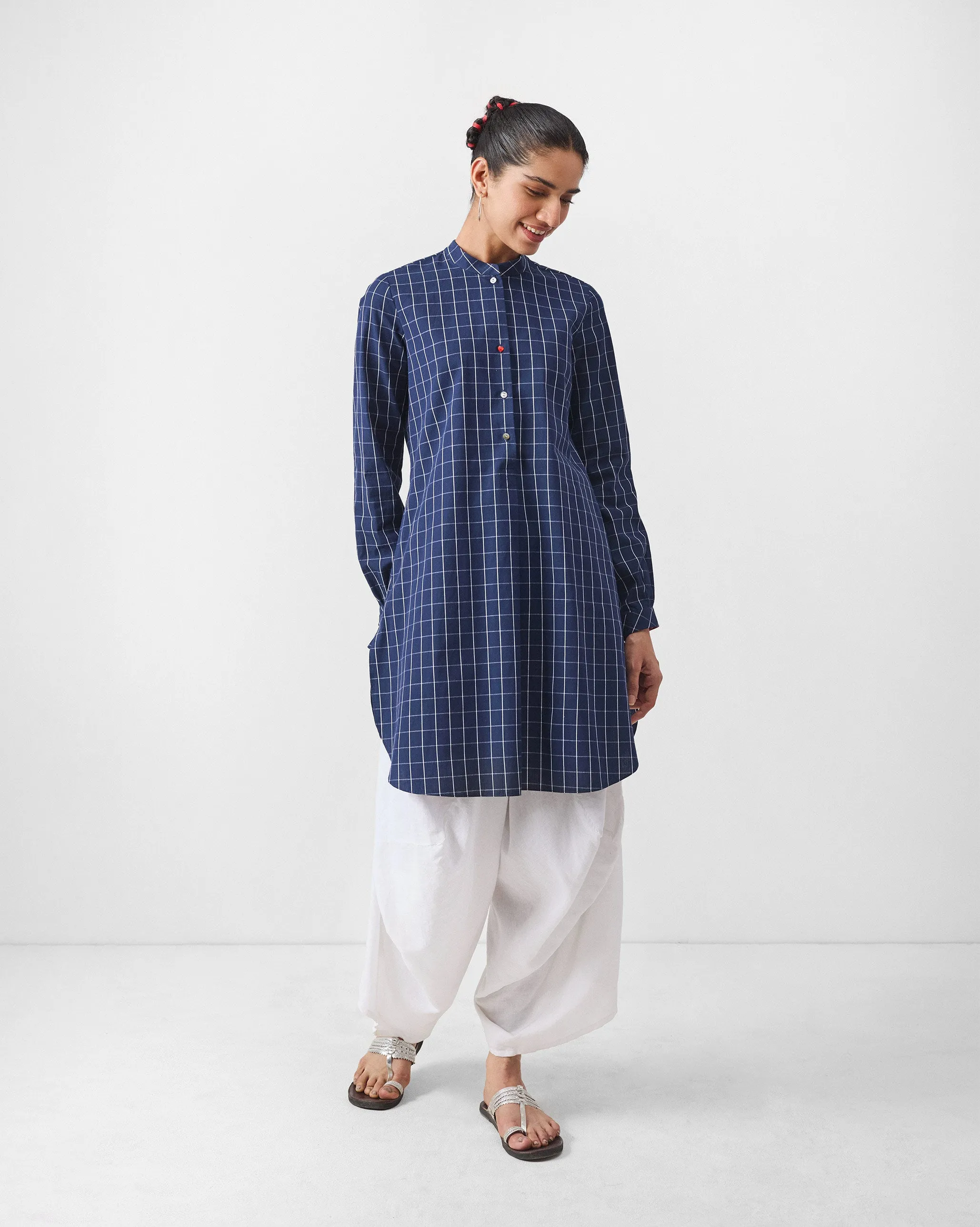 Basic Mid Length Kurta - Navy & White Checks