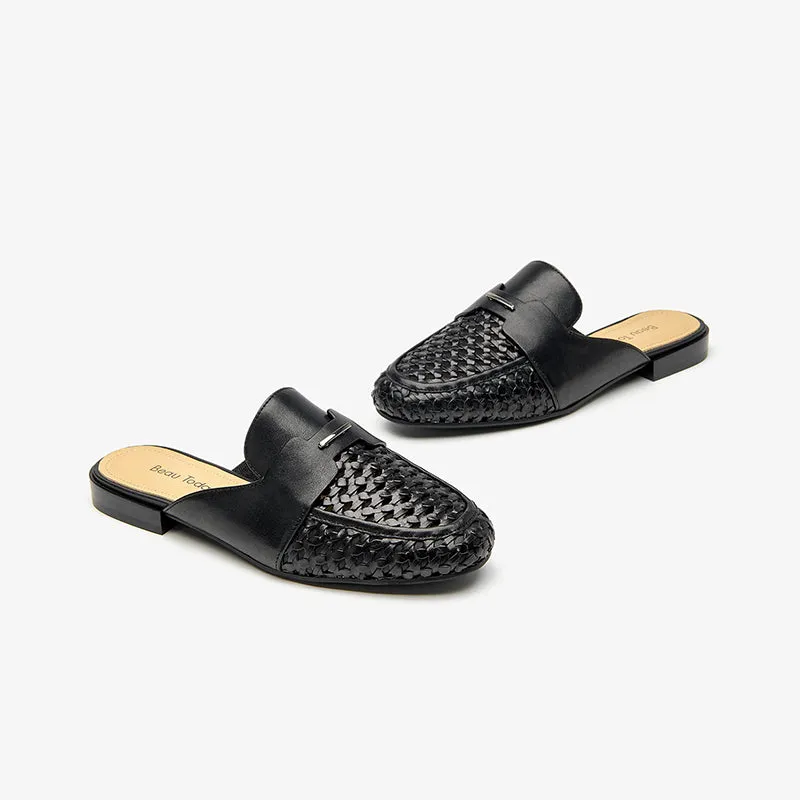 Beautoday Women's Cow Leather Woven Mules Round Toe Braided Slip-on Sandals Flats