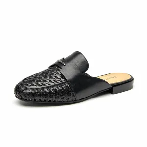 Beautoday Women's Cow Leather Woven Mules Round Toe Braided Slip-on Sandals Flats