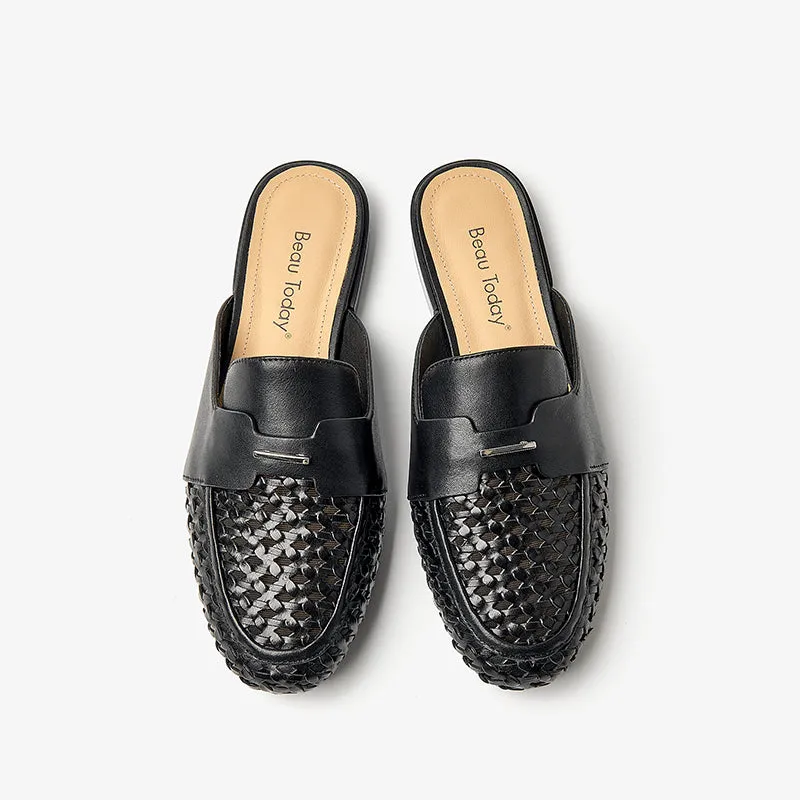 Beautoday Women's Cow Leather Woven Mules Round Toe Braided Slip-on Sandals Flats