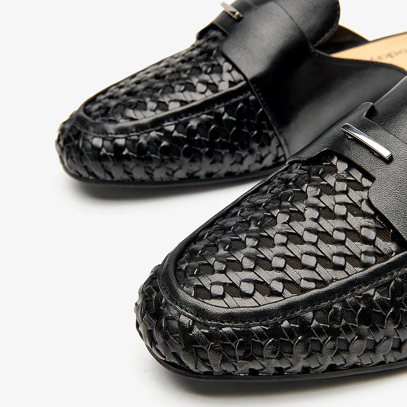 Beautoday Women's Cow Leather Woven Mules Round Toe Braided Slip-on Sandals Flats
