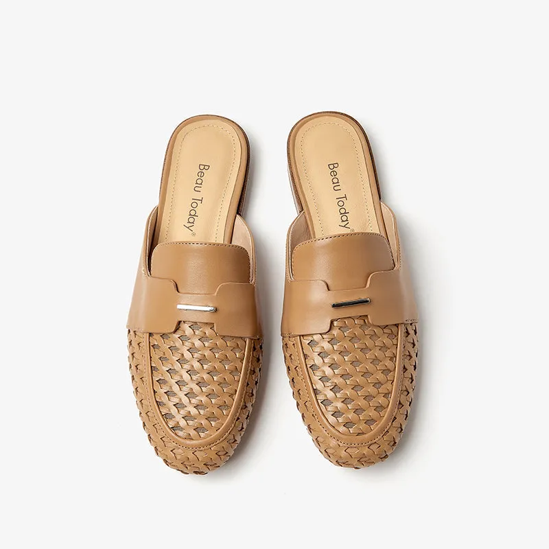 Beautoday Women's Cow Leather Woven Mules Round Toe Braided Slip-on Sandals Flats
