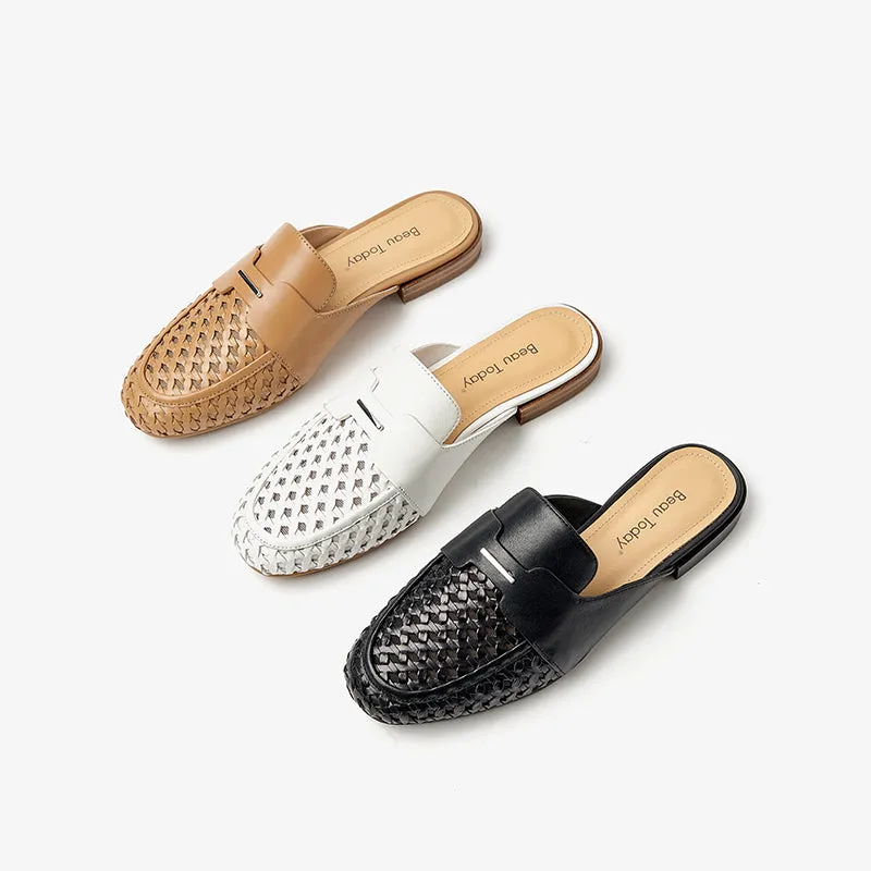 Beautoday Women's Cow Leather Woven Mules Round Toe Braided Slip-on Sandals Flats