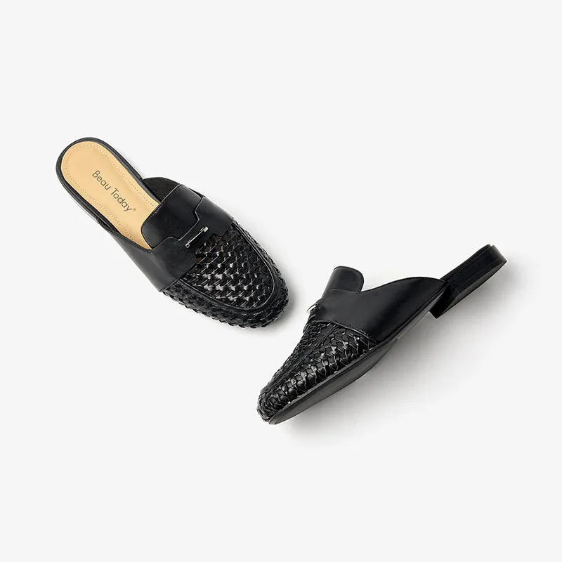 Beautoday Women's Cow Leather Woven Mules Round Toe Braided Slip-on Sandals Flats