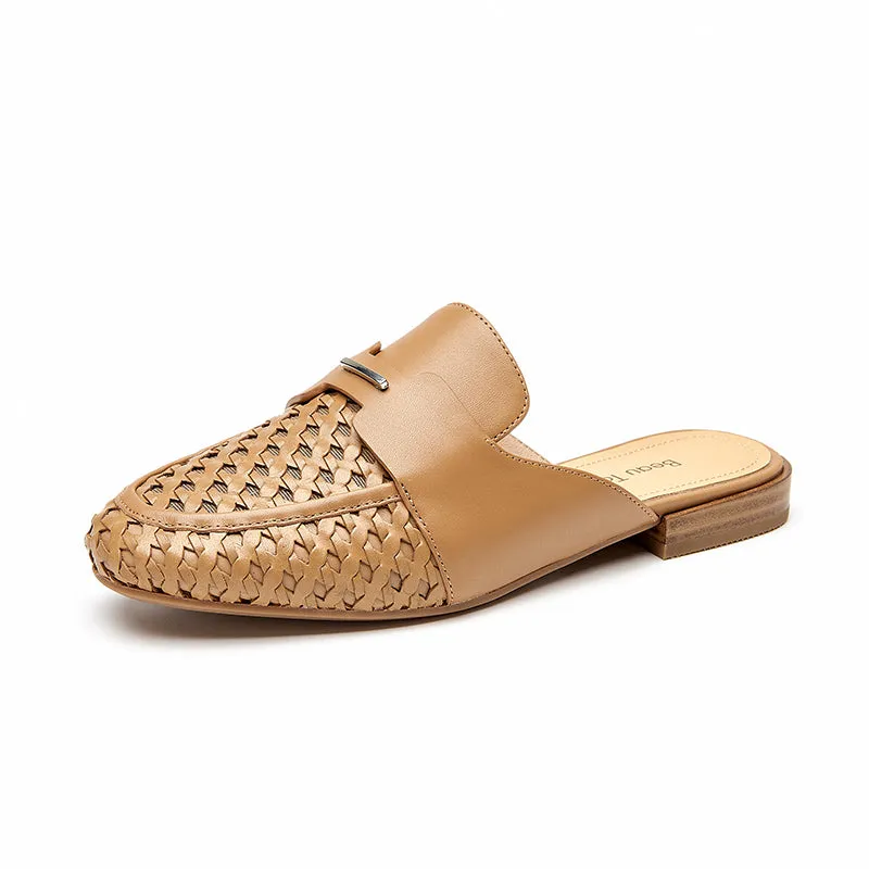 Beautoday Women's Cow Leather Woven Mules Round Toe Braided Slip-on Sandals Flats
