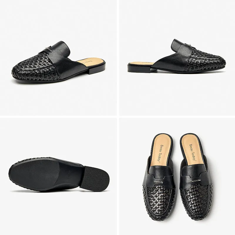 Beautoday Women's Cow Leather Woven Mules Round Toe Braided Slip-on Sandals Flats
