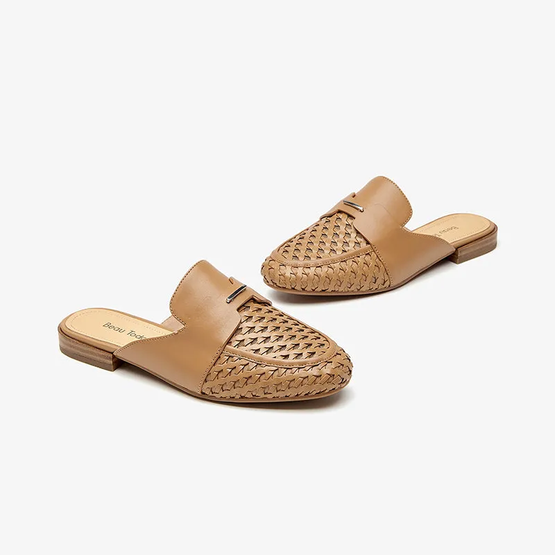 Beautoday Women's Cow Leather Woven Mules Round Toe Braided Slip-on Sandals Flats
