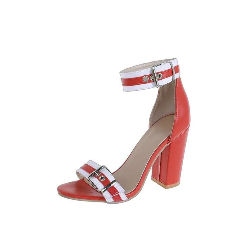 Chicvane Color Block Chunky Heel Sandals with Buckle
