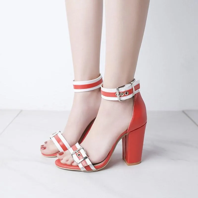 Chicvane Color Block Chunky Heel Sandals with Buckle