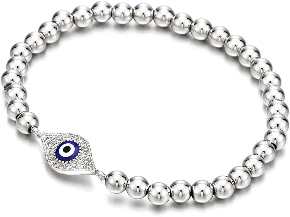 COOLSTEELANDBEYOND Beads Bracelet for Women Men with Cubic Zirconia Protection Evil Eye