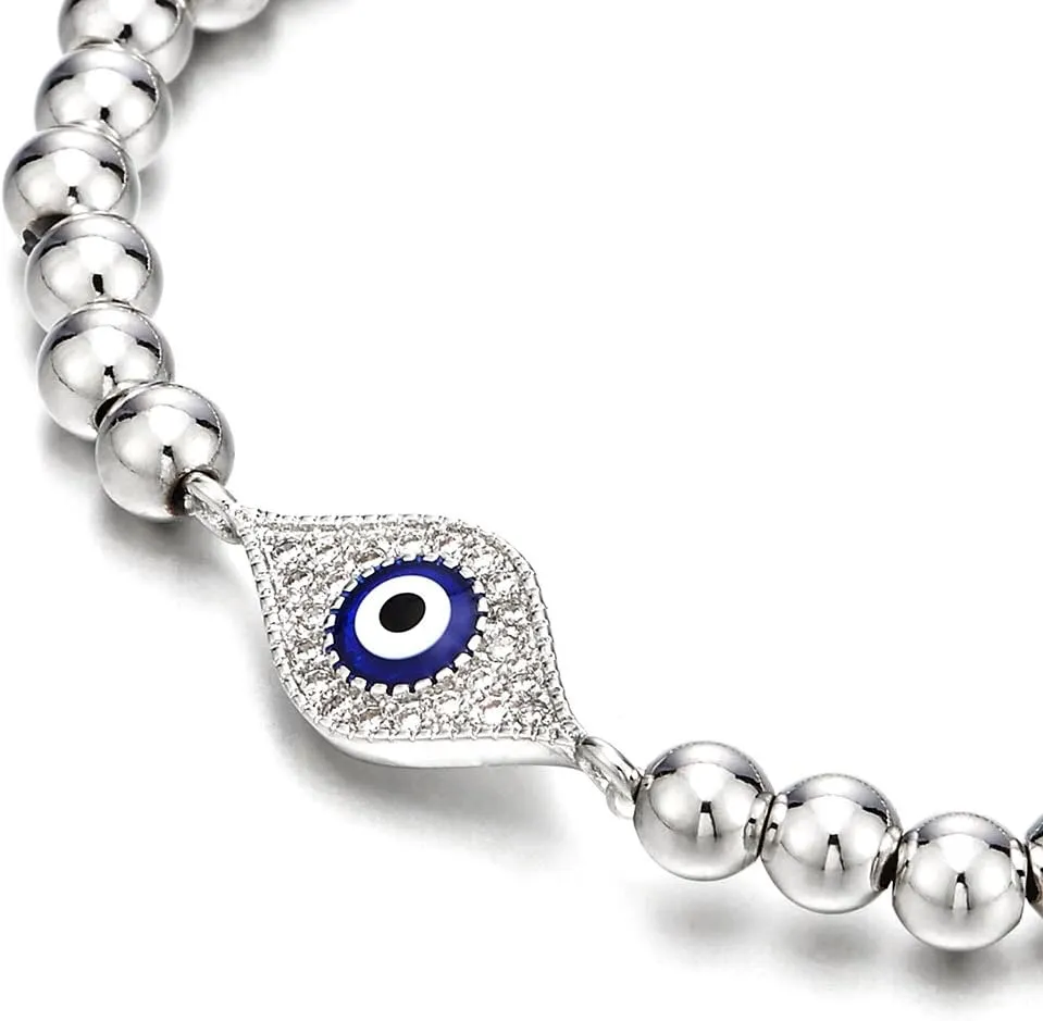 COOLSTEELANDBEYOND Beads Bracelet for Women Men with Cubic Zirconia Protection Evil Eye