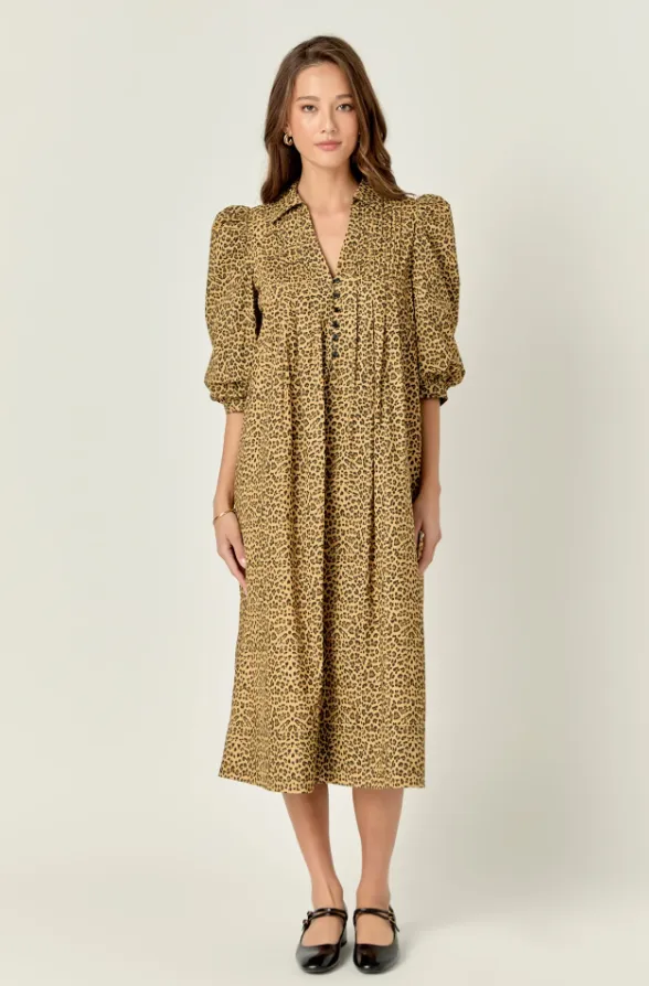 ENGLISH FACTORY THEO MIDI DRESS IN LEOPARD