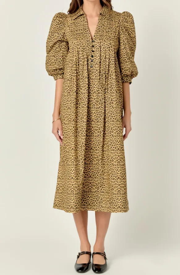 ENGLISH FACTORY THEO MIDI DRESS IN LEOPARD