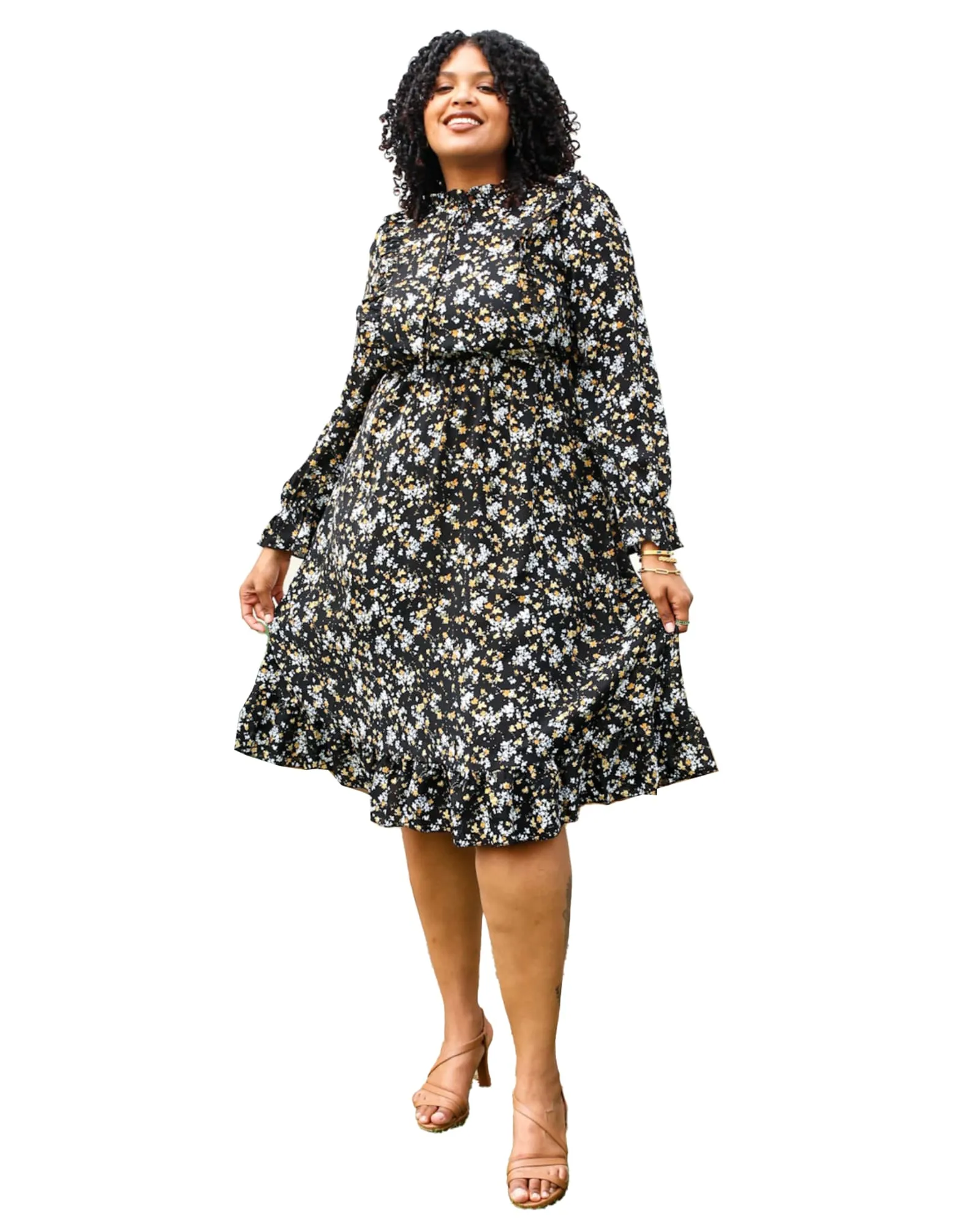 High Neck Ruffle Cuffs Floral Print Black Midi Dress | Black
