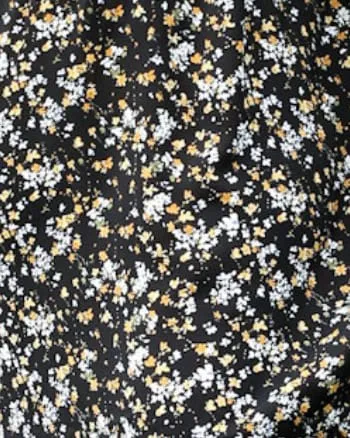 High Neck Ruffle Cuffs Floral Print Black Midi Dress | Black