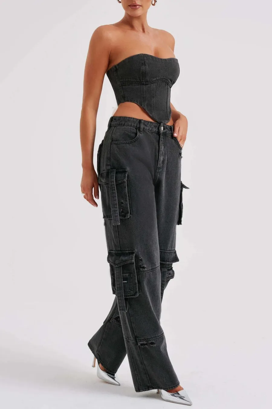 Lyric Cargo Denim Set - Black