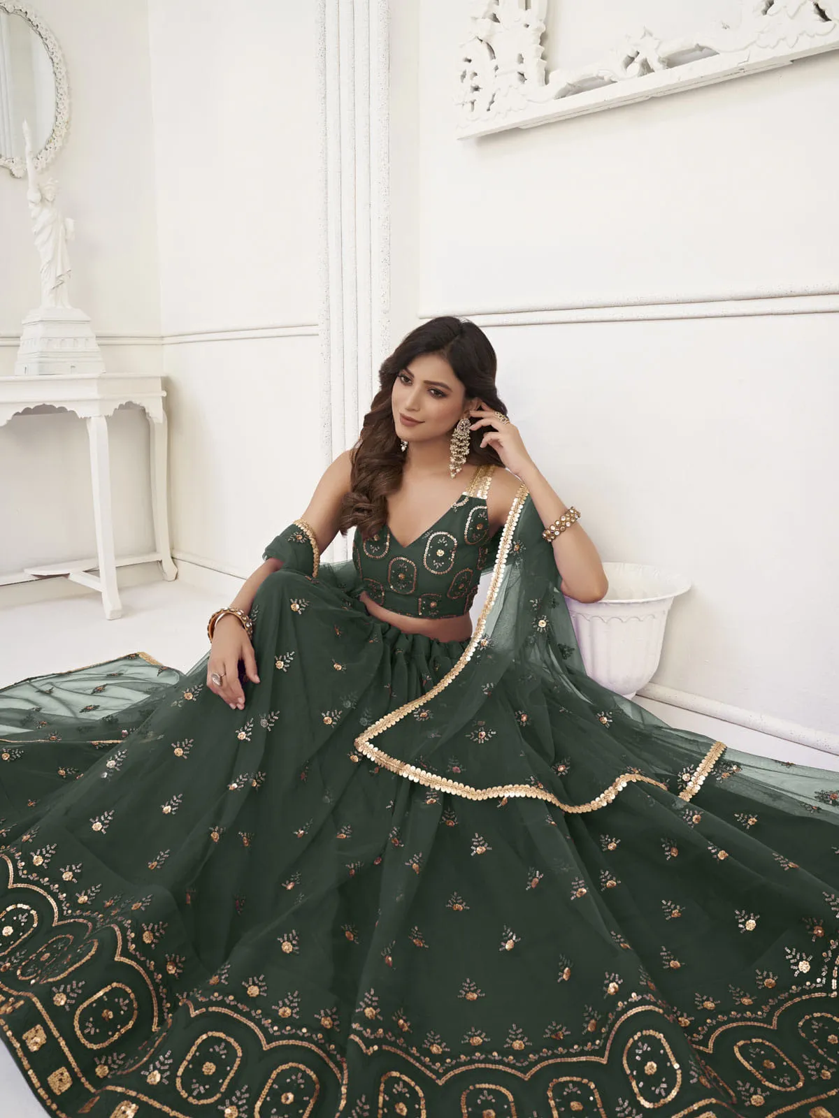 Precious Green Sequins Net Mehendi Wear Lehenga Choli With Dupatta