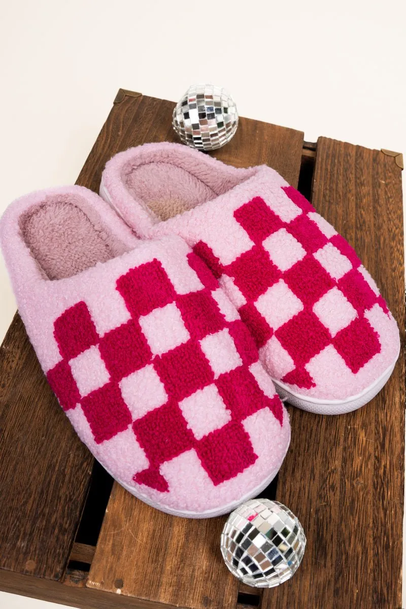 Slow Morning Pink Tonal Check Plush Slippers