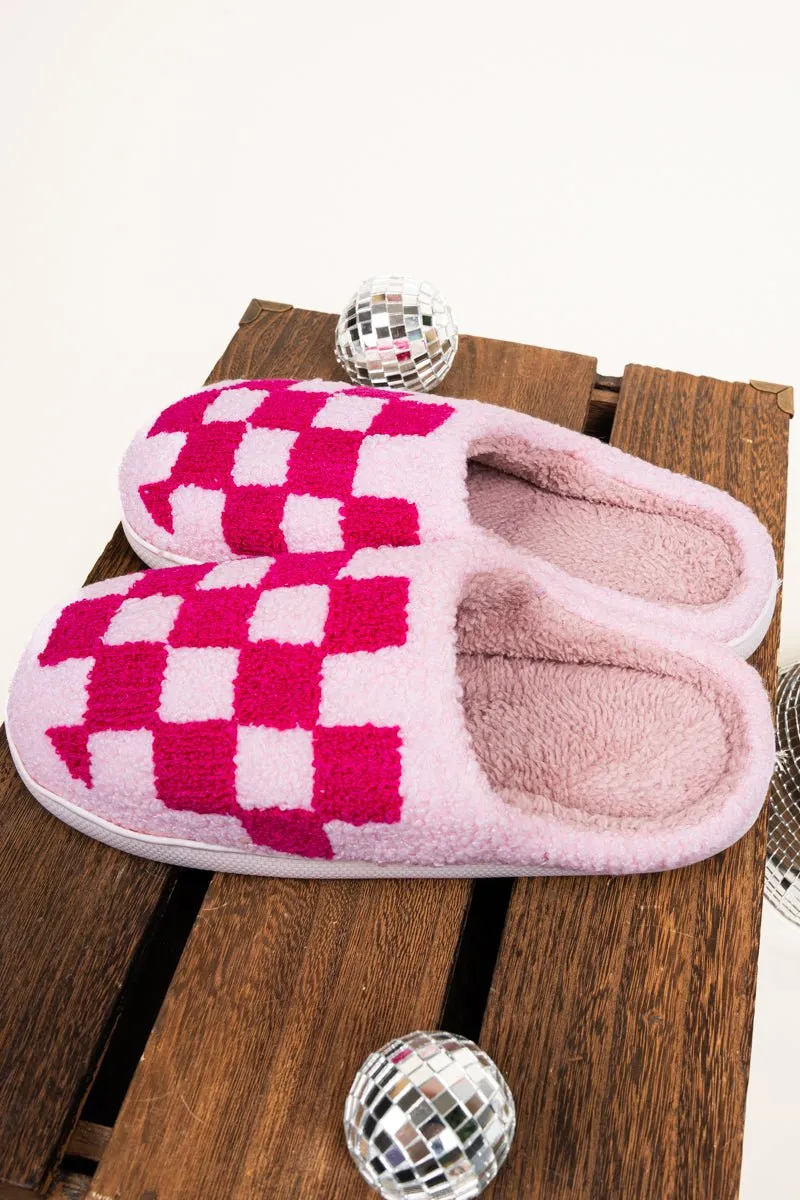 Slow Morning Pink Tonal Check Plush Slippers