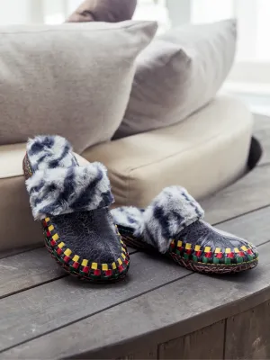 SOFFIA | Floral Embossed Wool Lined Leather Slipper - Navy Black