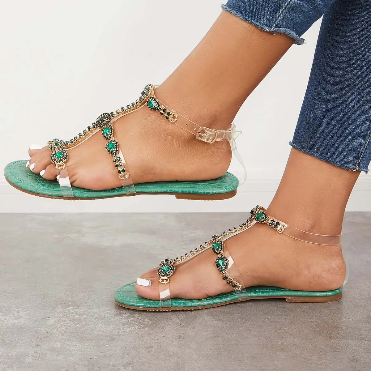 Sohiwoo  Women Open Toe Rhinestone T-Strap Sandals Ankle Strap Beach Sandals