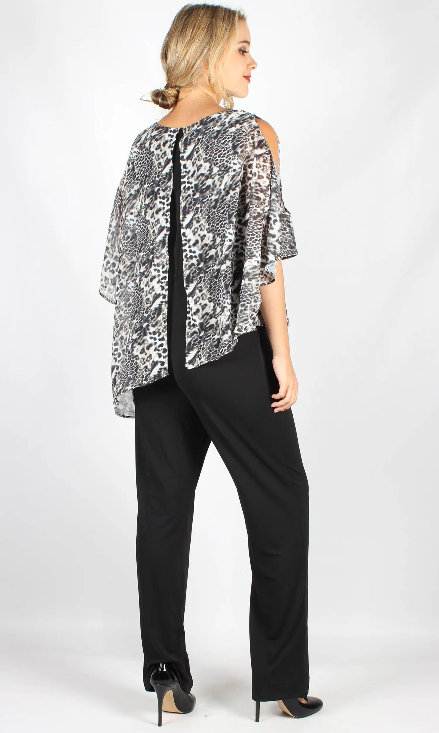 VS7352TB Animal Print Chiffon Layered Jumpsuit with Cold Shoulder (Pack)