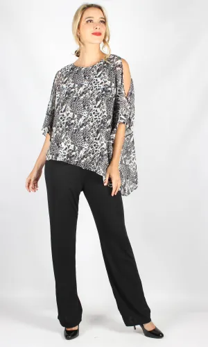 VS7352TB Animal Print Chiffon Layered Jumpsuit with Cold Shoulder (Pack)