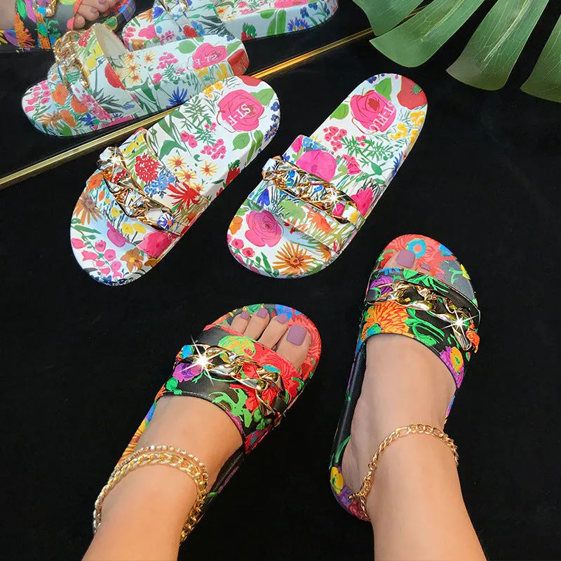Women Fashion Floral Chain Light Comfortable Peep Toe Slippers