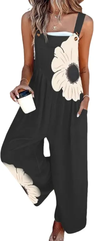 Women's Floral Print Overalls Jumpsuits One Piece Sleeveless Wide Leg Long Pants Rompers with Pockets 2025 Spring Wear