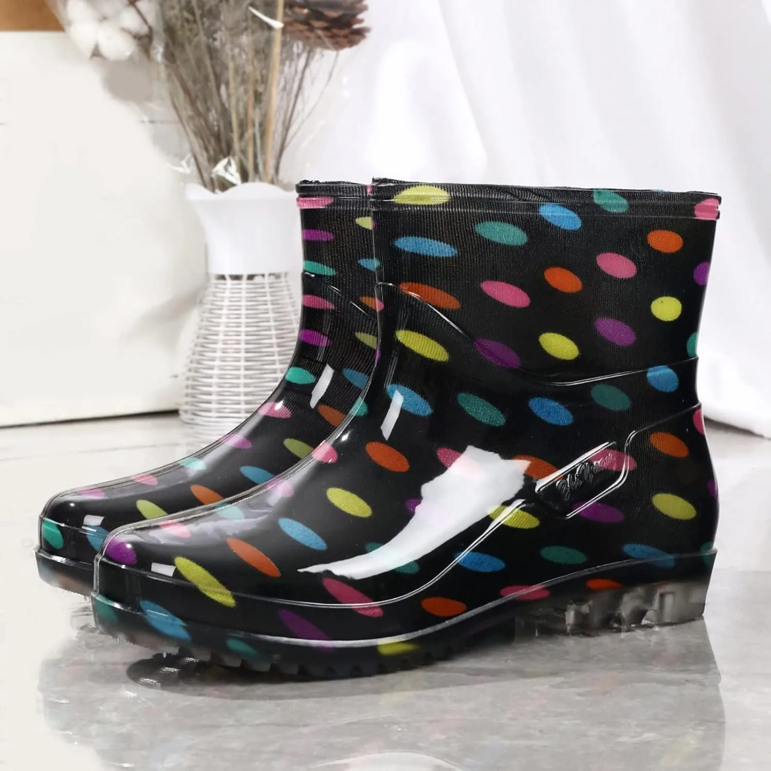 Women's Short Rain Boots Waterproof Slip On Ankle Chelsea Booties Cute Printed Rubber Outdoor Garden Shoes Rain Shoes
