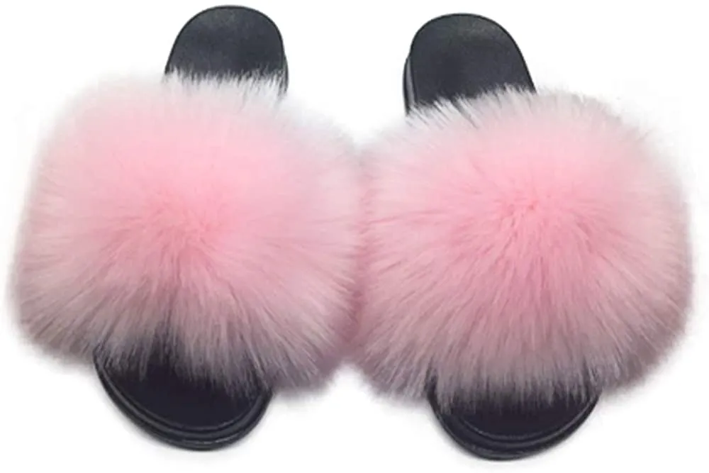 Womens Vegan Fur Slippers Fluffy Fuzzy Open Toe Slides Flip Flop