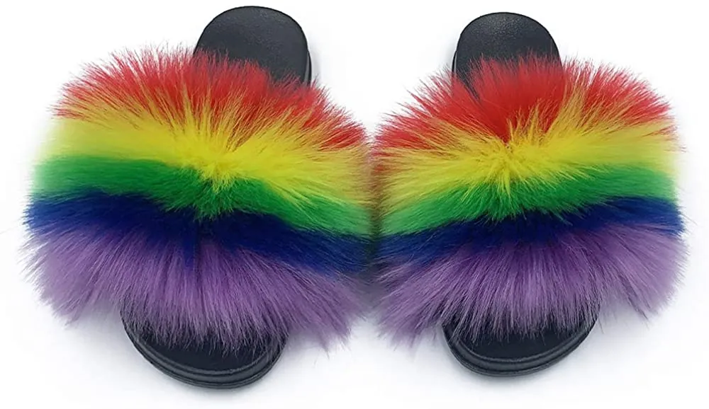 Womens Vegan Fur Slippers Fluffy Fuzzy Open Toe Slides Flip Flop