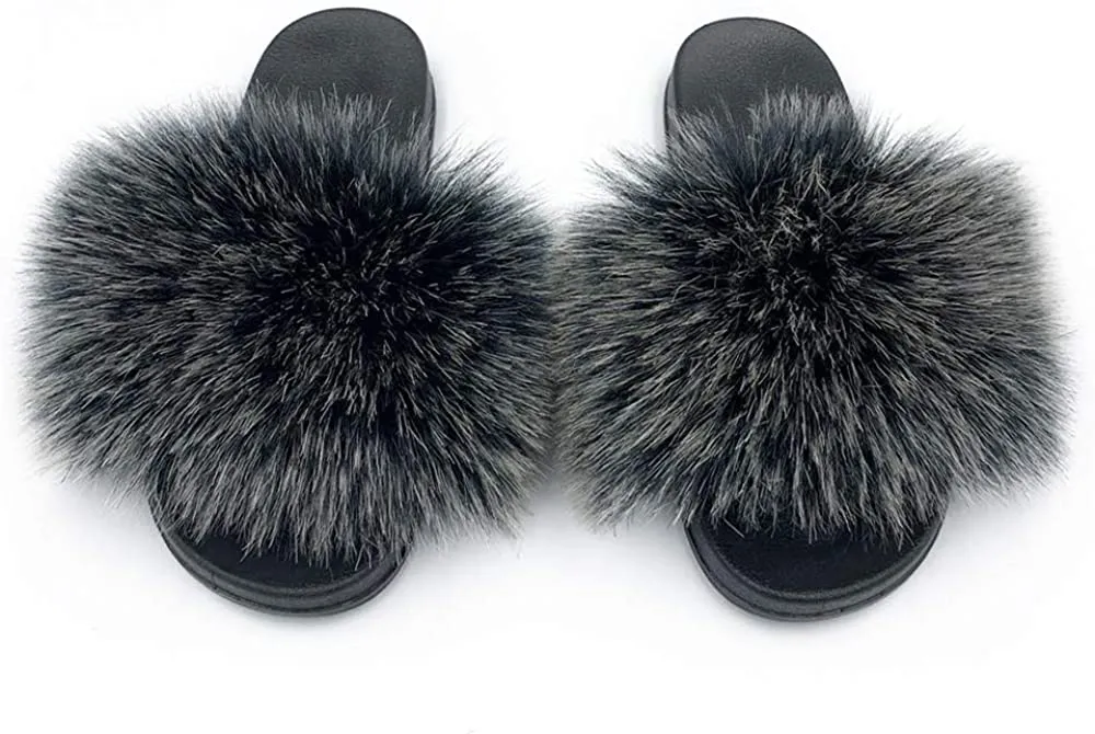 Womens Vegan Fur Slippers Fluffy Fuzzy Open Toe Slides Flip Flop