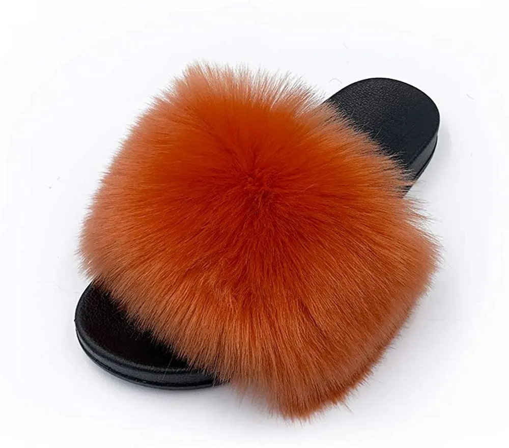 Womens Vegan Fur Slippers Fluffy Fuzzy Open Toe Slides Flip Flop