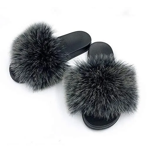 Womens Vegan Fur Slippers Fluffy Fuzzy Open Toe Slides Flip Flop