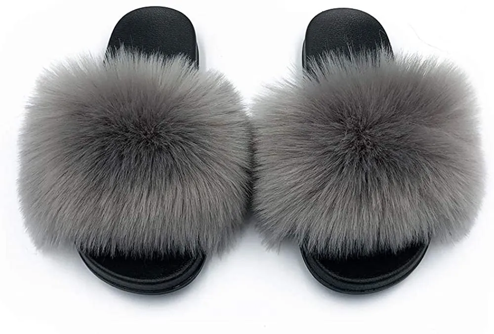 Womens Vegan Fur Slippers Fluffy Fuzzy Open Toe Slides Flip Flop