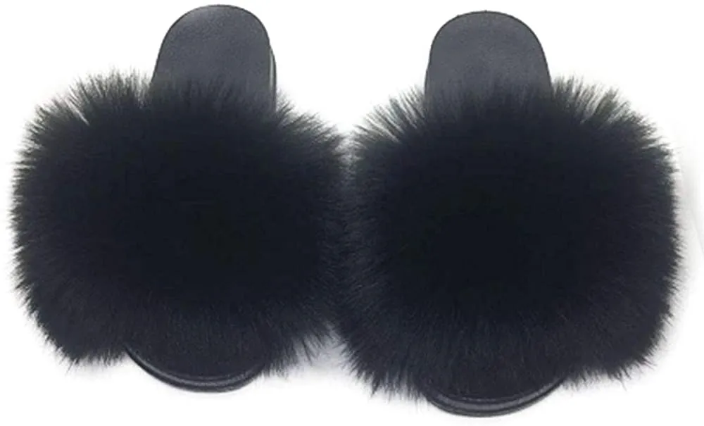 Womens Vegan Fur Slippers Fluffy Fuzzy Open Toe Slides Flip Flop
