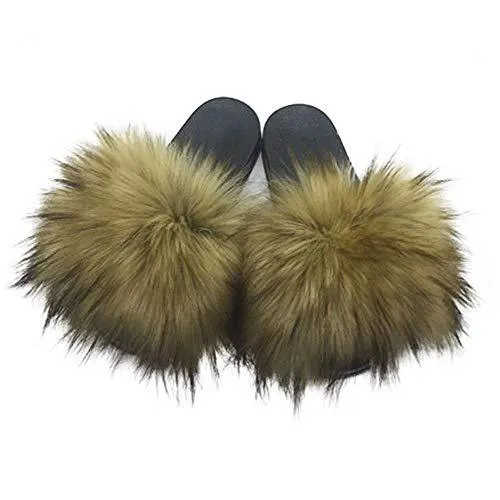 Womens Vegan Fur Slippers Fluffy Fuzzy Open Toe Slides Flip Flop