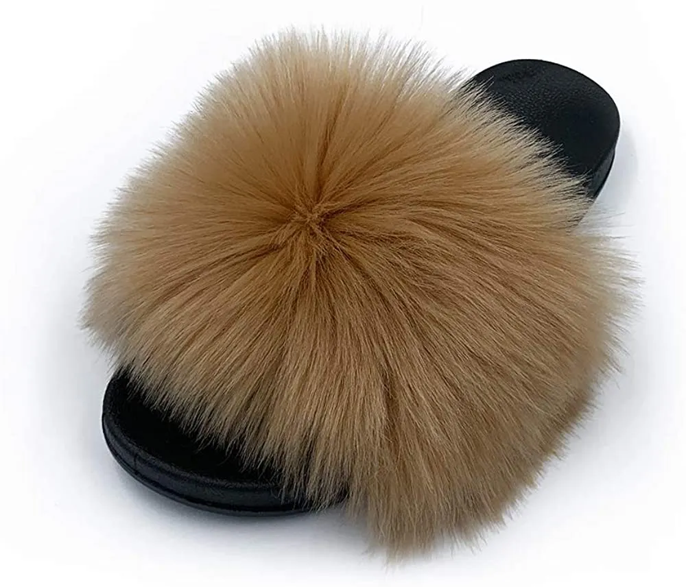 Womens Vegan Fur Slippers Fluffy Fuzzy Open Toe Slides Flip Flop