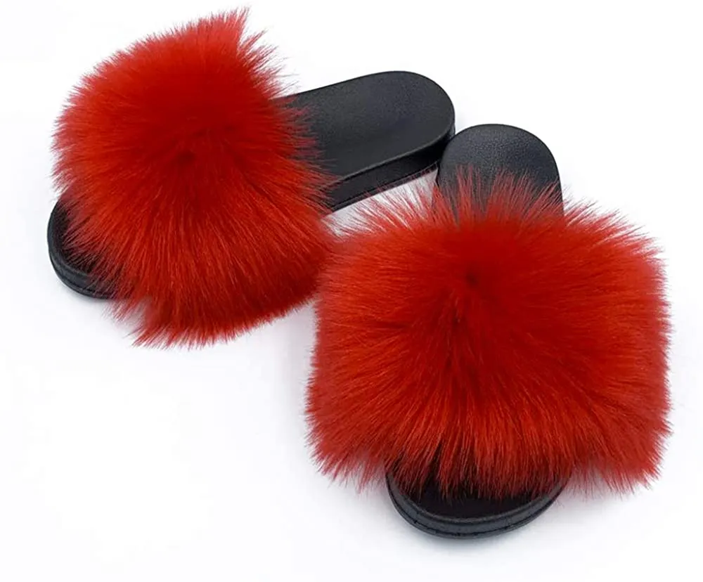 Womens Vegan Fur Slippers Fluffy Fuzzy Open Toe Slides Flip Flop