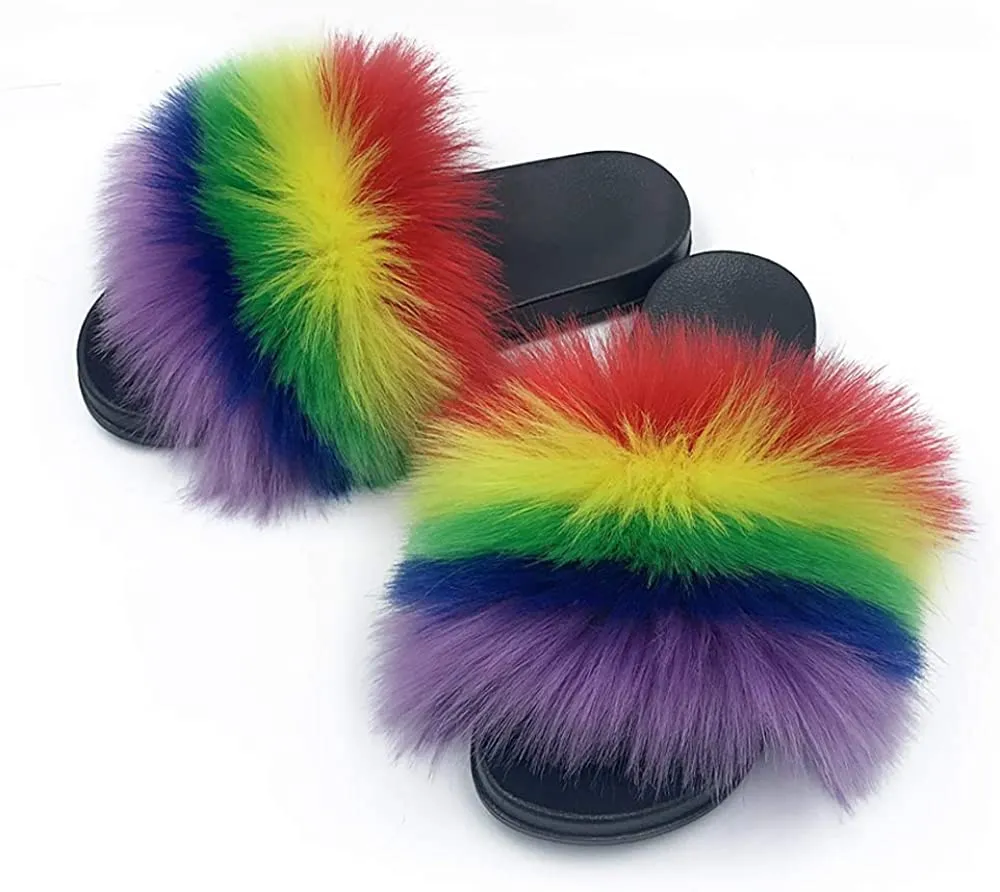 Womens Vegan Fur Slippers Fluffy Fuzzy Open Toe Slides Flip Flop
