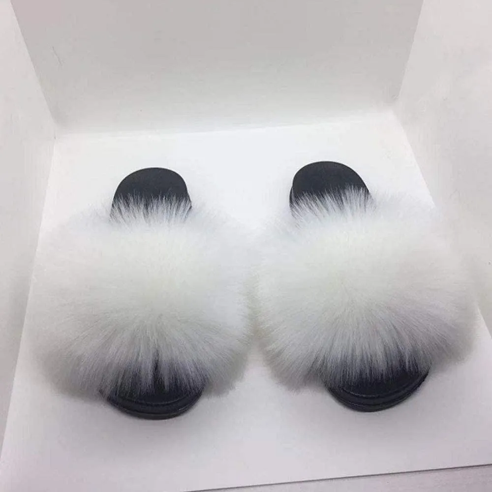 Womens Vegan Fur Slippers Fluffy Fuzzy Open Toe Slides Flip Flop