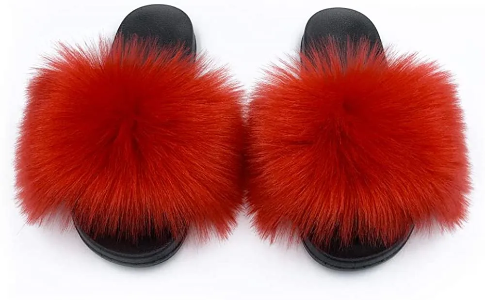 Womens Vegan Fur Slippers Fluffy Fuzzy Open Toe Slides Flip Flop