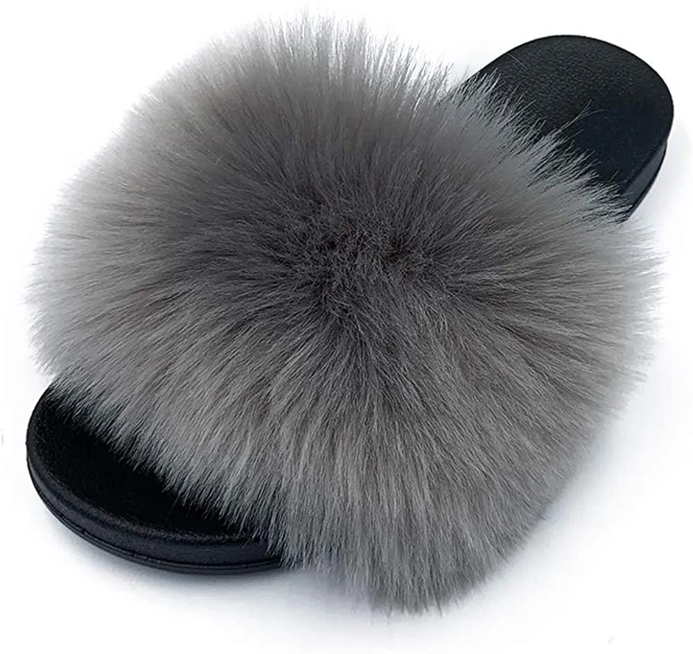 Womens Vegan Fur Slippers Fluffy Fuzzy Open Toe Slides Flip Flop