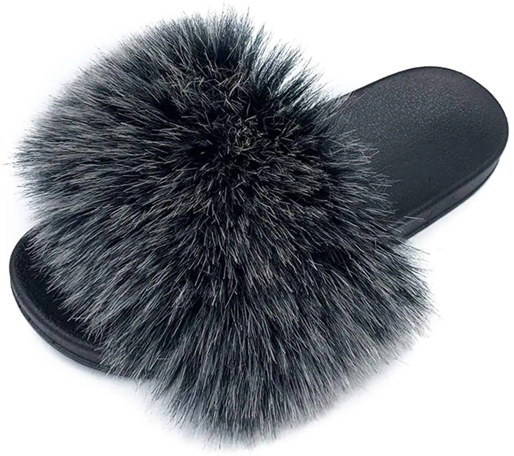Womens Vegan Fur Slippers Fluffy Fuzzy Open Toe Slides Flip Flop