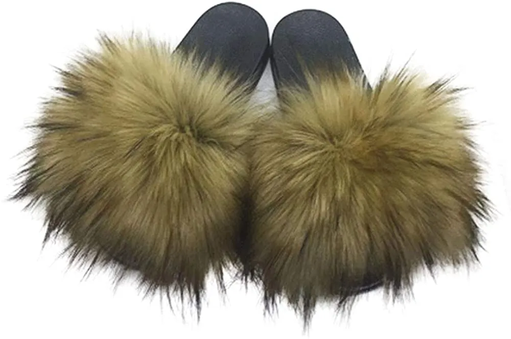 Womens Vegan Fur Slippers Fluffy Fuzzy Open Toe Slides Flip Flop