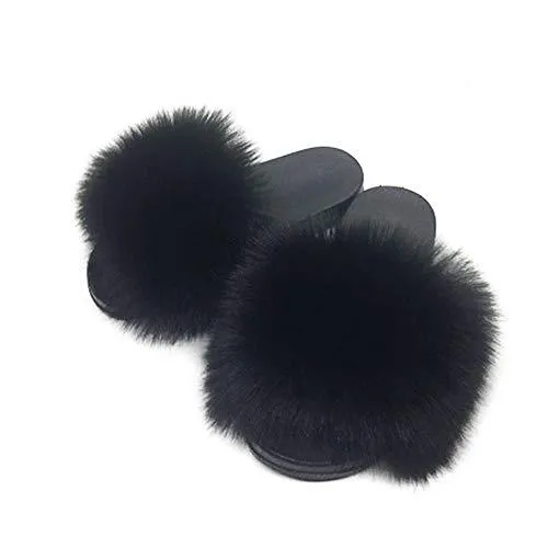 Womens Vegan Fur Slippers Fluffy Fuzzy Open Toe Slides Flip Flop