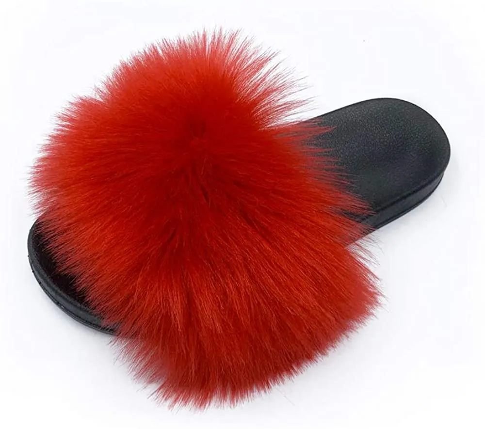Womens Vegan Fur Slippers Fluffy Fuzzy Open Toe Slides Flip Flop